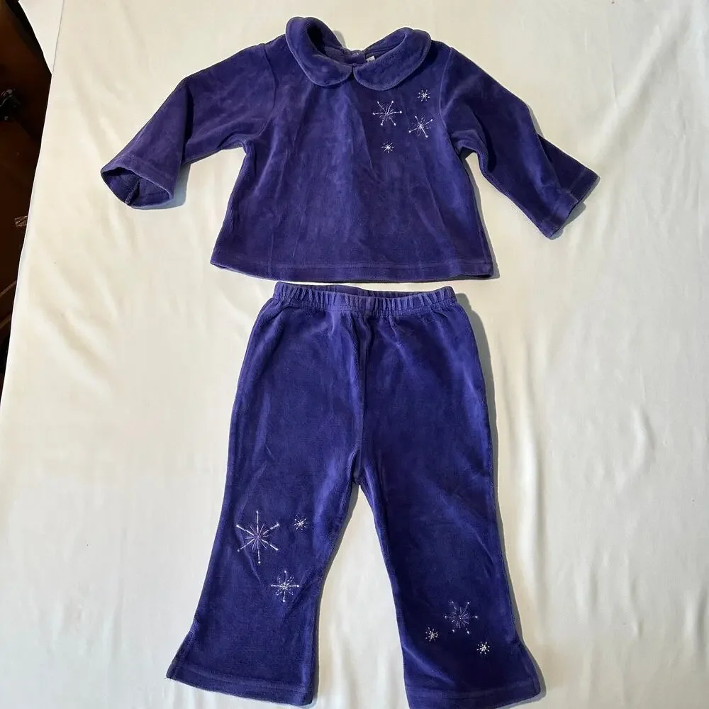 Vintage 90s Purple Velour Peter Pan Collar Snowflake Winter Sweatsuit Set Sz 12m